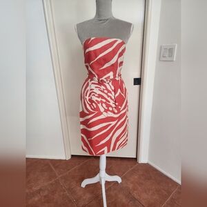 Kate Spade orange tropical print strapless dress with belt size 2